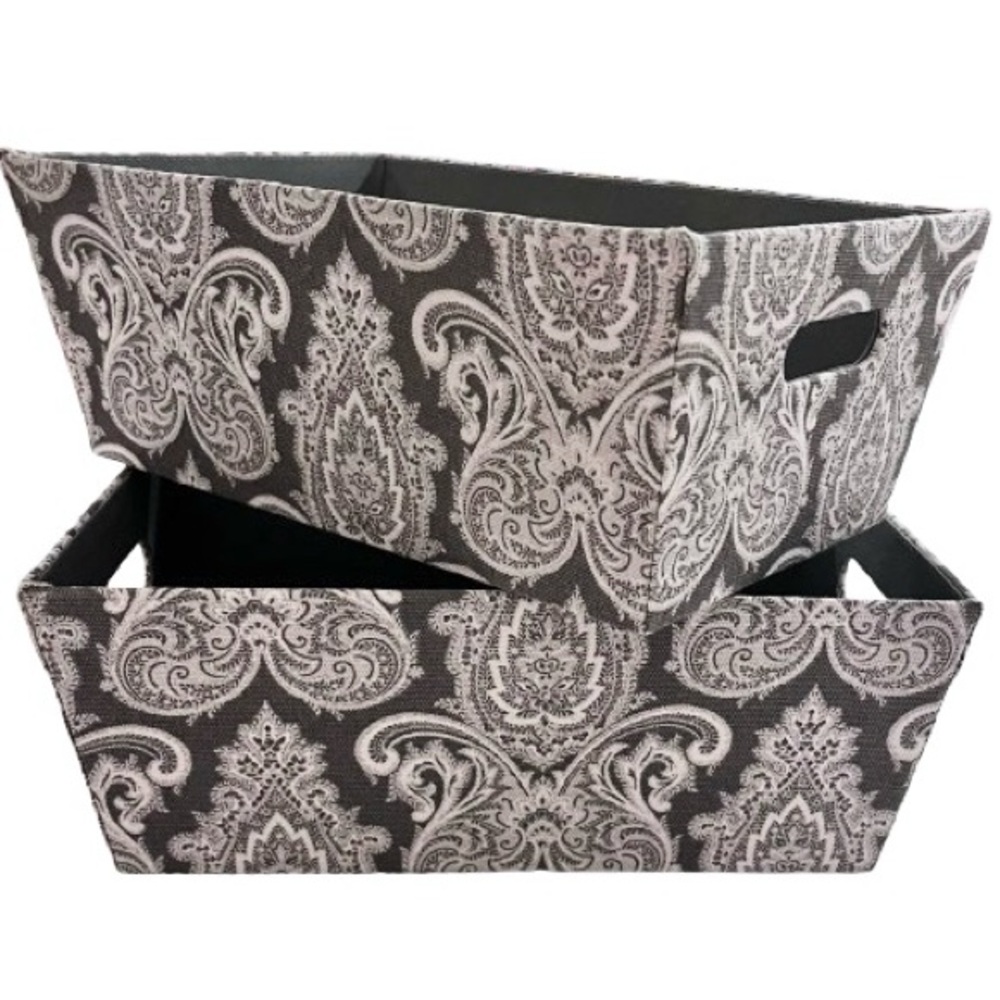 Set of 2 Decorative Fabric Damask Storage Bins. Gray & White